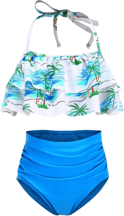 Girls Two Piece Bikini Swimsuits Hawaiian Floral Bathing Suit for Kids Summer Beach Swimwear Set 3-16 Years Large White Blue 21