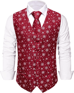 Mens Suit Vest Christmas Dress Vests Silk Tie Pocket Square Tie Clip Costumes for Men Waistcoat Outfit Party Red Snowflake Medium