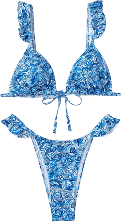 WDIRARA Women's Floral Print Tie Front Frill Trim Triangle Bikini Swimsuit Large Blue