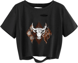 Avanova Women Sun Moon Graphic Distressed Crop Top Oversized Short Sleeve Ripped Tee Shirt Small Black Cow B