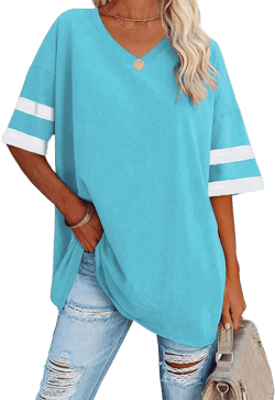 Ebifin Womens Oversized Tshirts V Neck Tee Shirts Half Sleeve Loose Fit T Shirt Cotton Tunic Tops 2025 02-sky Blue X-Large