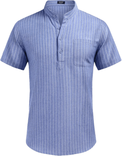 COOFANDY Men's Cotton Linen Henley Shirt Short Sleeve Hippie Casual Beach T-Shirts with Pocket Medium Blue Striped