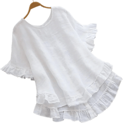 Women's Casual Ruffle Short Sleeve Blouses Oversized Cotton Linen Tunic Tops Summer Loose Fit Ruffled Hem Flowy Shirts White Medium