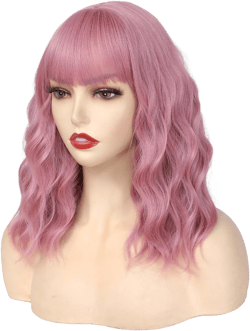 Pastel Pink Wig with Bangs for Women,Purple Pink Wigs Shoulder Length Curly Wavy Lovely Pink Wig Synthetic Hair for Daily Party Use purple pink