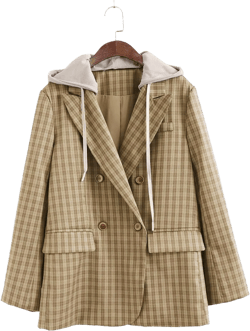 2025 Women's Spring Hooded Blazer Jacket Double-Breasted Oversize Loose Fully-Lined Work Office Suit with Pockets Medium Khaki Check