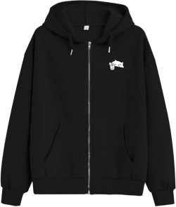 Cute Oversized Zip Up Hoodie for Teen Girls Kawaii Cartoon Cat Sweatshirt for Women Pockets Cotton Top Jackets Coat X-Large Black