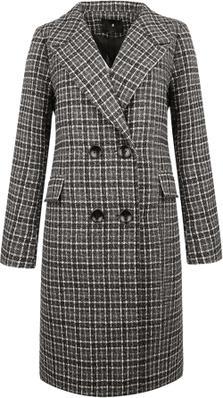 ebossy Women's Elegant Double Breasted Plaid Mid-Long Over Coat Striped Plain Wool Blend Peacoat X-Small Grey Black
