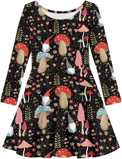 Cumagical Girls Dresses Party Wedding Holiday Long Sleeve Kids Designer Clothes Outfits 9-10 Years Cute Flower Mushroom Black Print