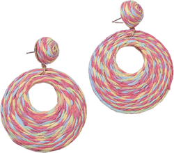 Boho Raffia Statement Circle Earrings - Cute Round Dangle Summer Handmade Rattan Jewelry for Women - Lightweight Colorful