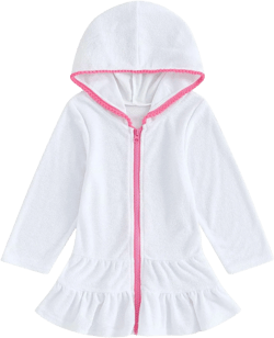 Kids Girls Hooded Zip Terry Coverups Swim Beach Cover-Up Cotton Summer Swimwear Short Sleeve Swimsuit with Pocket White 18-24 Months