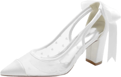 TarfiC Women's High Heel Pumps Slip On Lace Satin Open Toe Mary Jane Pointed Toe Fancy Heel Classic Party Wedding Dress Pump Shoes 11 White