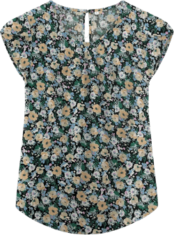 TASAMO Women's Casual Round Neck Basic Pleated Top Cap Sleeve Curved Keyhole Back Chiffon Blouse XX-Large B - Black Flower