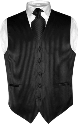 Vesuvio Napoli Men's Dress Vest & NeckTie BLACK Color Vertical Striped Design Neck Tie Set 4X-Large Black