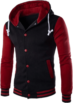 Hooded Varsity Jacket Men,Contrast Color Patchwork Baseball Jacket Button Slim Casual Sports Sweatshirts with Pocket 01-red Large