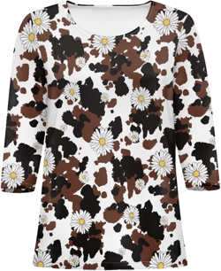 TODIYADDU 3/4 Sleeve Tops for Women Plus Size Tunic Tank Tops Long Sleeve Round Neck T-Shirts Casual Fall Clothes Brown Cow White Daisy Flower Large