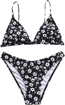Floerns Women's Two Piece Bathing Suit Floral Print Triangle Bikini Swimsuit Medium Black