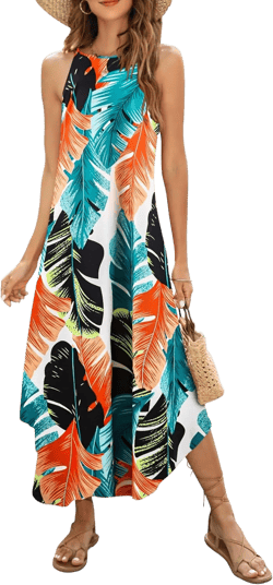 Halife Women's Summer Casual Sleeveless Beach Dress Long Halter Side Slit Maxi Sun Dresses X-Large 2-leaf Print