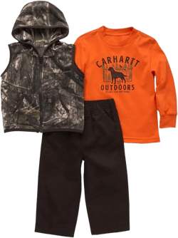Carhartt Kid's CG8886 Long-Sleeve T-Shirt, Camo Vest and Canvas Pant Set - Boys - 12 Months - Mustang Brown
