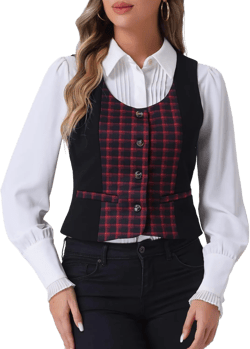 Allegra K Vintage Waistcoat Vest for Women's Plaid Button Down Work Dressy Vests Large Red