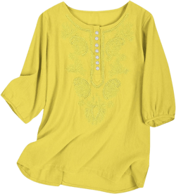 Lmdudan Cotton Linen Embroidered Tops for Women Peasant Shirt Boho Ethnic Style Mexican Blouse 3/4 Sleeve Button Tunic Tshirt Yellow Medium