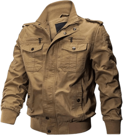 Mens Cotton Cargo Jackets With Zipper Pockets Retro Casual Jacket Outwear Medium Khaki
