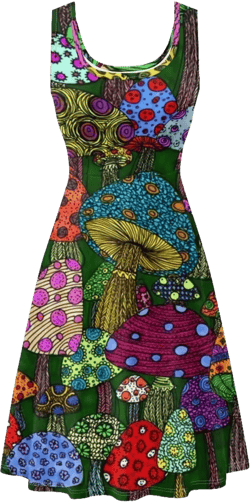 Women Summer Dress with Pocket, Colorful Mushroom Sleeveless A-line High Waist & Midi Sundress for Office