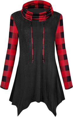 Cestyle Womens Fall Long Sleeve Cowl Neck Asymmetrical Hemline Flowy Tunic Top 1# Black Red Plaid Small
