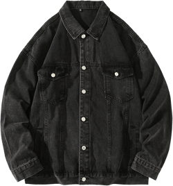JEKE-DG Men's Button Down Biker Jean Jacket Classic Multi Pockets Denim Jacket Casual Comfort Trucker Jacket Coat Black Large