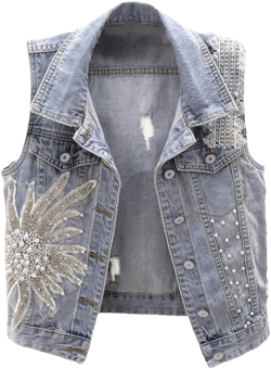 Summer Lace Beading Flowers Denim Vest Women Washed Waistcoat Slim Short Hole Sleeveless Jacket Jeans Vests XX-Large Blue
