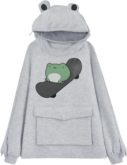RGOSME Frog Hoodie Teen Girls Cute Oversized Graphic Hoodies Women Sweatshirt Cosplay Costume Pullover Tops XX-Small Grey