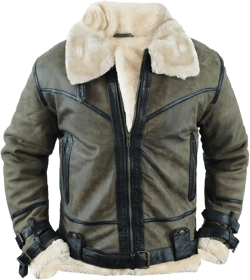 Mens RAF B3 Bomber Jacket Real Sheepskin Leather Aviator Flight Pilot Fur Shearling Winter Jacket Large B3 Olive Green