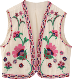 Wyeysyt Women Floral Embroidered Vest Vintage Sleeveless Boho Y2k Cardigan Open Front Cropped Waistcoat Pink Small