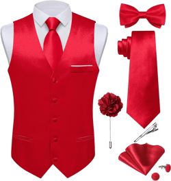 DiBanGu Mens Satin Suit Vest and Tie Set 8PCS Solid Waistcoat and Bowtie with Lapel Pin for Tuxedo Dress Vest Wedding Formal Large Red