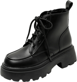 Lossarye Women's Black Combat Boots Chunky Lug Sole Lace Up Ankle Boots Fall Winter Fashion Round Toe Platform Side Zipper Booties Black Matte Leather 8