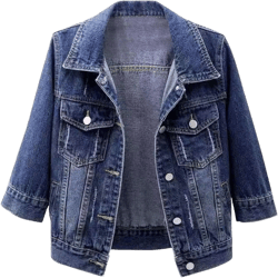 Womens 3/4 Denim Jacket Trendy Cropped Button Down Coat Casual Loose Distressed Ripped Jean Jacket