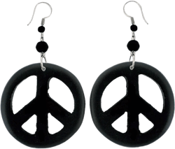 Peace Sign Dangle Earrings with Organic Wood - Earring Hippie Accessories and Hippie Costume for 60s or 70s