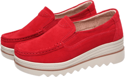 Women's Suede Platform Wedge Slip-Ons Loafers Round Toe Comfortable Toning Rocker Walking Shoes with Arch Support Casual Non-Slip Orthotic Sneakers 5 Red