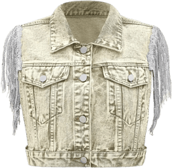 SweatyRocks Women's Fringe Button Down Crop Denim Jacket Sleeveless Collared Jean Coats Medium Apricot