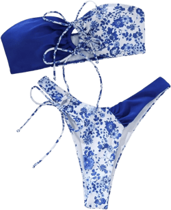 MakeMeChic Women's 2 Piece Bandeau Swimsuit Boho Ring Strapless High Cut Bikini Sets Bathing Suit Blue and White Small