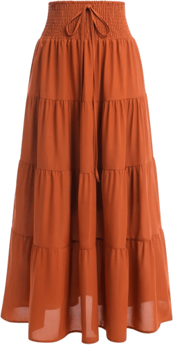 IWEMEK Women Boho Elastic Waist A Line Ruffle Beach Convertible Maxi Skirt Dress Tired Pleated Drawstring Chiffon Long Skirts X-Large Orange