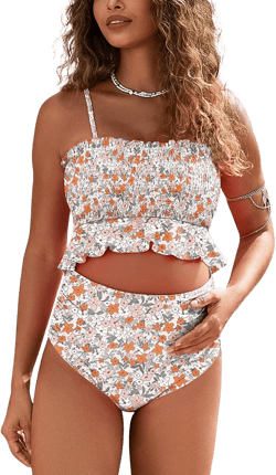 Maternity Swimsuit Two Piece Bikini Bandeau Top Hipster Bottom High Waisted Large Beige Floral Prints