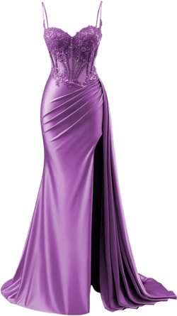 Women's Mermaid Satin Prom Dresses Long Spaghetti Straps Lace Applique Formal Evening Gowns with Slit Purple 12