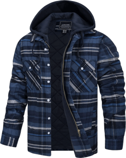 TACVASEN Men's Flannel Shirt Jacket Removable Hooded Quilted Lined Plaid Button Down Shirts Zipper Jacket Medium Blue Grey