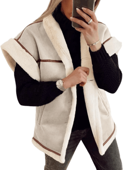 Cicy Bell Womens Suede Sherpa Vest Faux Fur Shearling Jacket Oversized Cap Sleeve Button Down Winter Coats Beige Medium