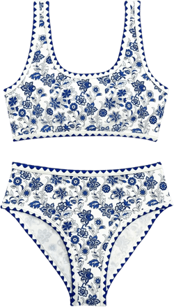 Women's 2 Piece Floral Print Bikini Set Y2K Tankini Set Boho High Waist Swimsuit Full Coverage Bathing Suit Beachwear X-Large Blue
