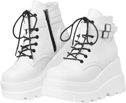 mikarka Holographic Platform Boots for Women, Lace Up Ankle Studded Buckle Goth Stacked Wedge Combat Ankle Boots 8 Lace Wedge-white