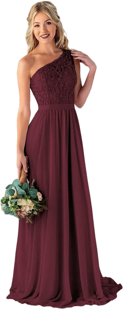 Women's One Shoulder Bridesmaid Dress Long for Wedding with Pockets Lace Appliques A-Line Chiffon Formal Party Gown 14 Burgundy