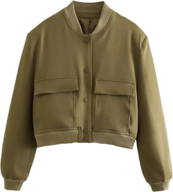 Women's Cropped Bomber Jacket Long Sleeve Lightweight Casual Button Down Baseball Varsity Jacket with Pockets