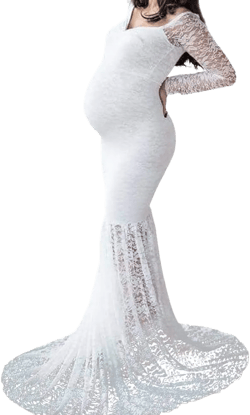 Mermaid Women's Off Shoulder V Neck Long Sleeve Lace Maternity Gown Maxi Photography Dress Baby Shower Photo Shoot Small White