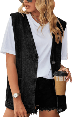 Shebote Womens Oversized Sleeveless Jean Denim Jacket Button Down Vest Top for Women Summer Waistcoat Jeans Vests Tops at Amazon Women's Coats Shop